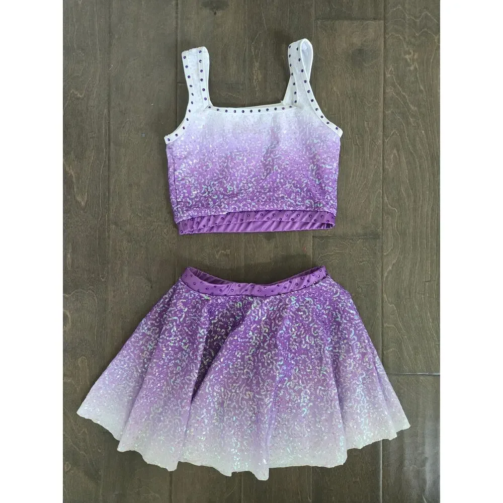 Weissman Blank Space Dance Costume Set Youth Medium Purple Ombre Sequins